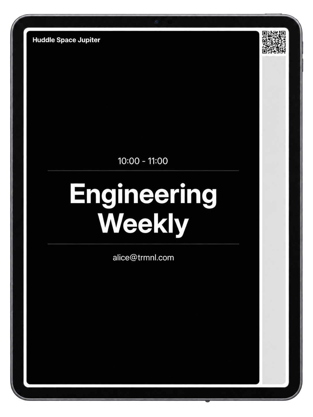 Meeting room schedule open in a browser on a tablet, with the booking QR code