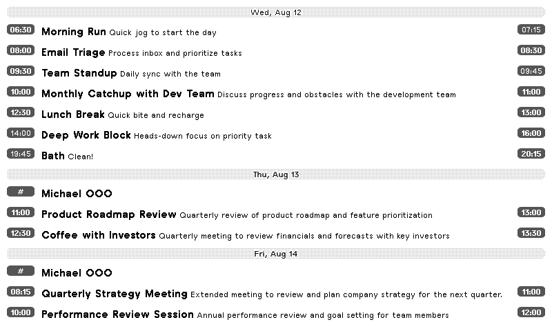 Google Calendar Schedule layout