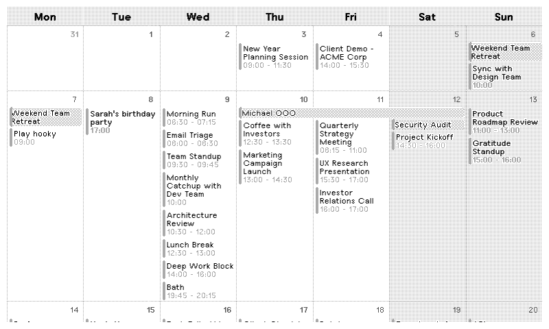 Outlook Calendar Month layout