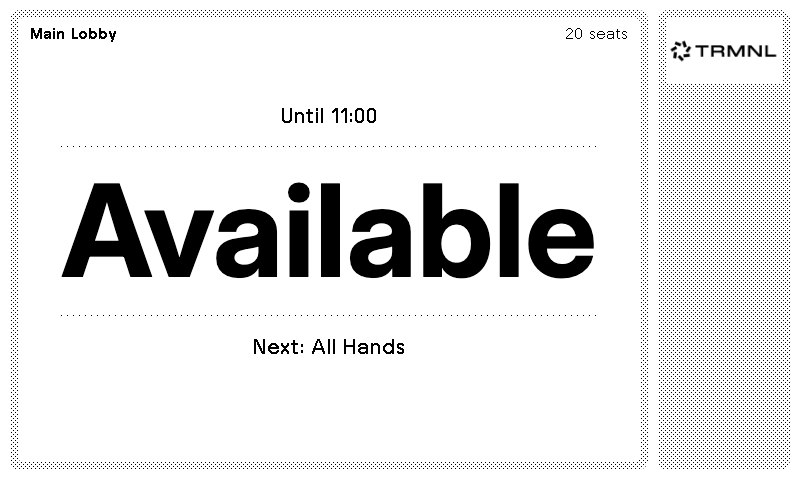 A Booking display rendering the monochrome TRMNL logo