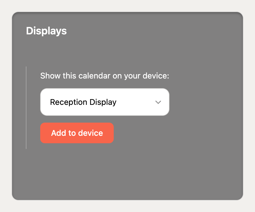 The Displays card for a room that is not on a screen yet, with a device chosen and the Add to device button