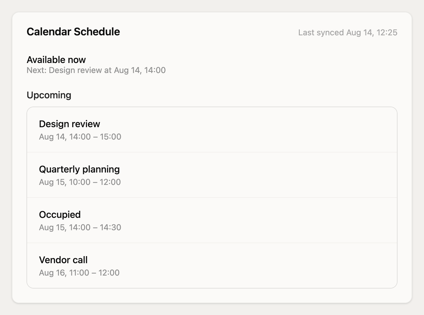 The Calendar Schedule card showing the room as available now, its next meeting, and a list of upcoming bookings