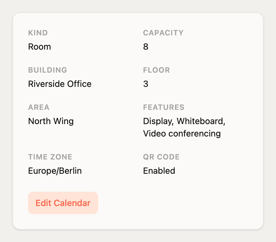 The resource details for a meeting room, listing its kind, capacity, building, floor, area, features, time zone, and QR code state