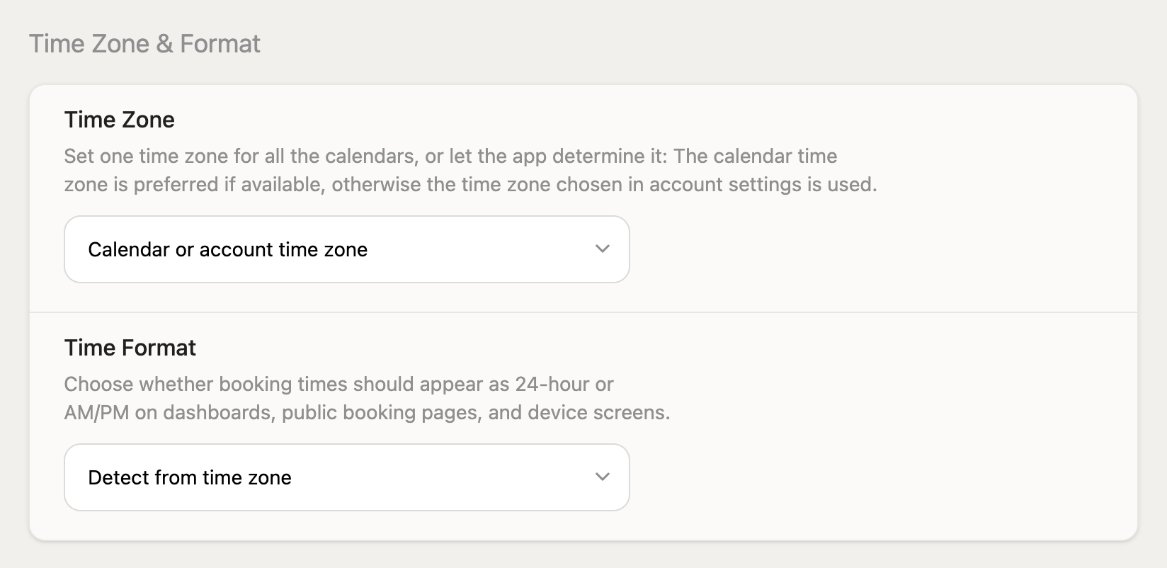 The Time Zone and Format settings, showing the default Calendar or account time zone and Detect from time zone options
