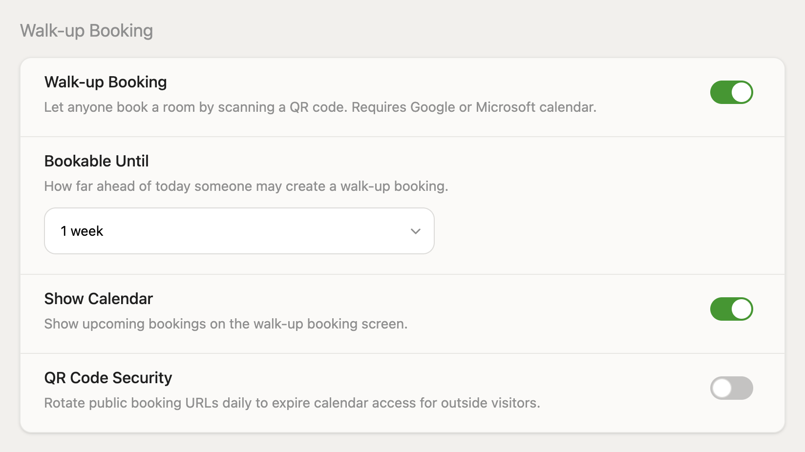 The Walk-up Booking settings, with the Bookable Until, Show Calendar, and QR Code Security options