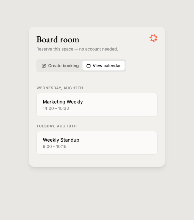 The walk-up booking calendar showing upcoming reservations