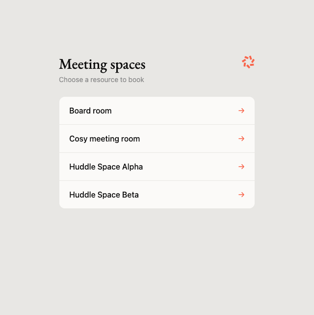 The walk-up booking page for choosing a resource from a meeting-space collection