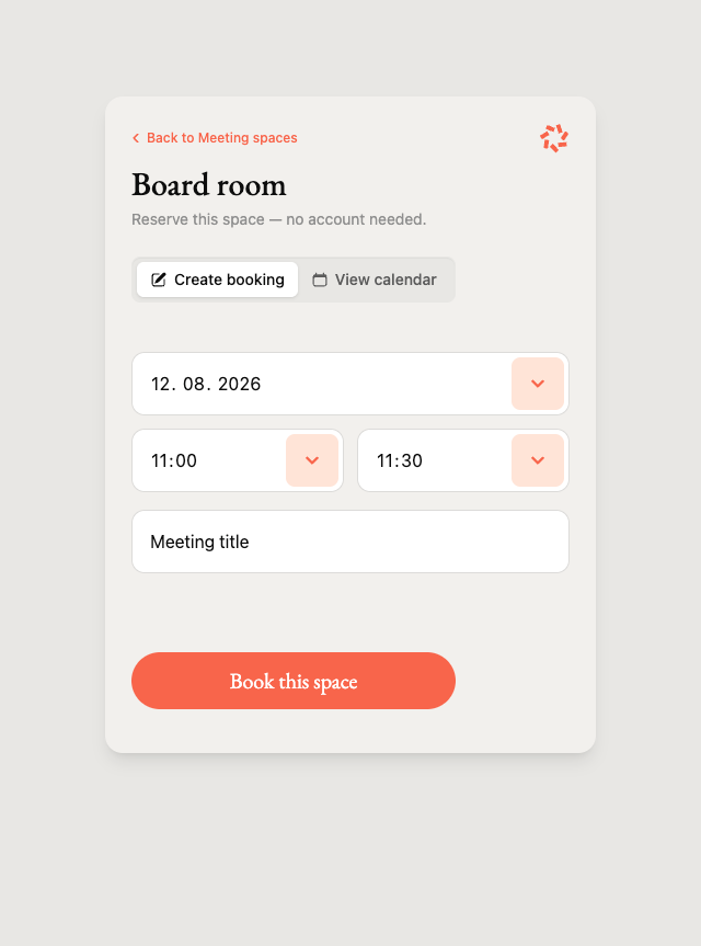 The walk-up booking page with custom date, time, and meeting title fields