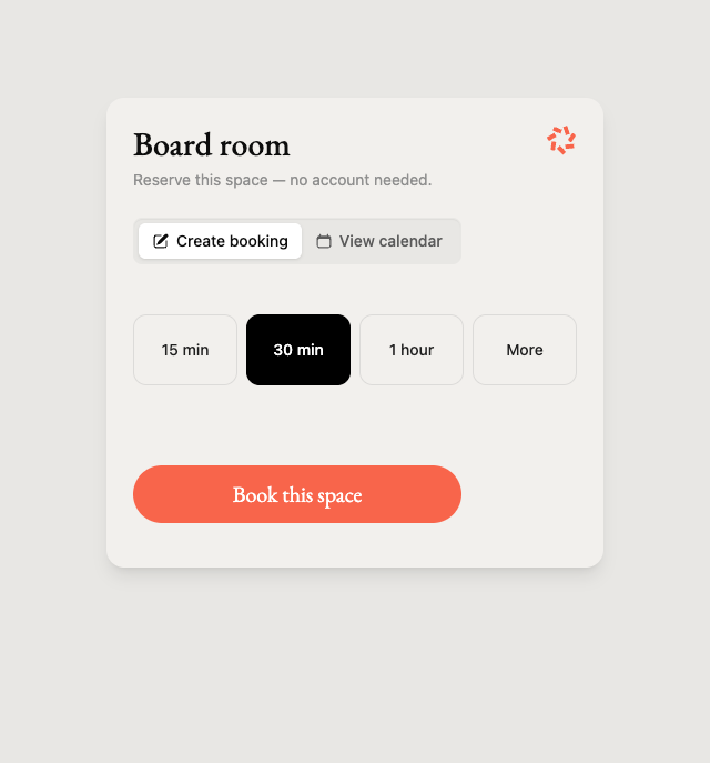 The walk-up booking page with a 30-minute quick duration selected